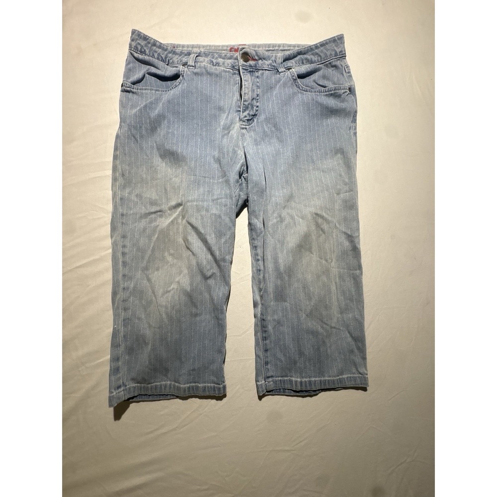Smiths Womens Size 14 Pinstripe Capri Jeans Cropped Blue Denim Embroidered